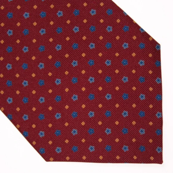 Drake's NWT Neck Tie in Red w/ Blue & Yellow Floral / Square Pattern 100% Silk